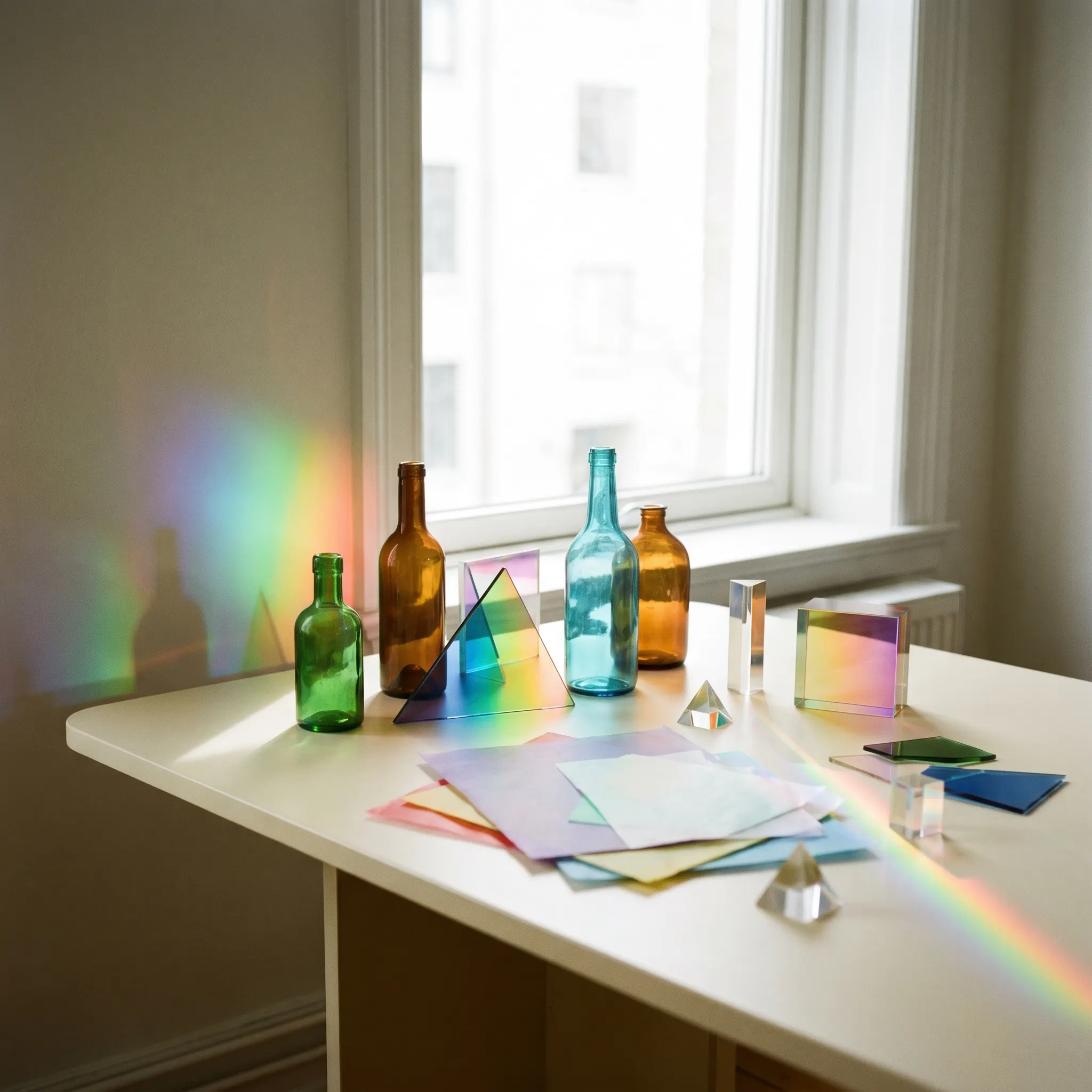 Glass and translucent paper arranged to study colored daylight on a tabletop