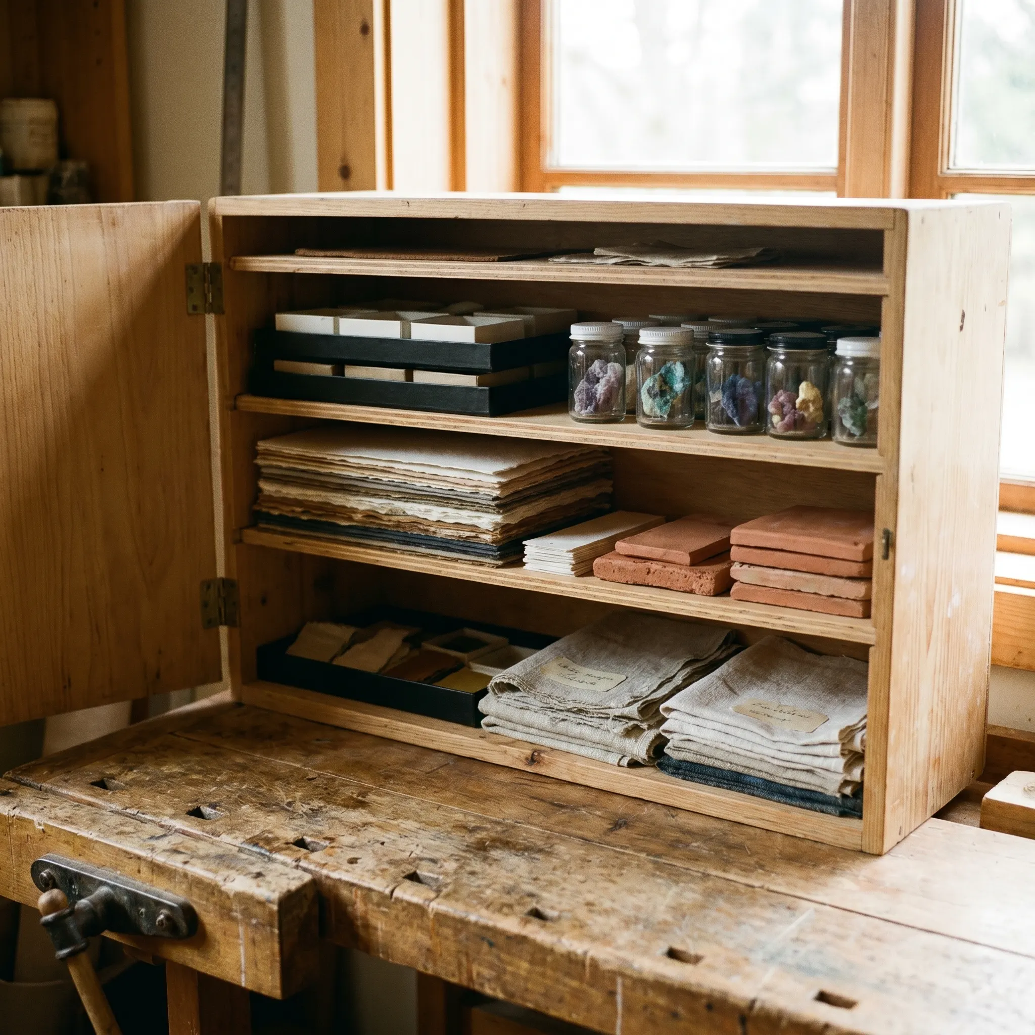 Open material cabinet with paper samples, minerals, jars, and small labeled trays without readable text