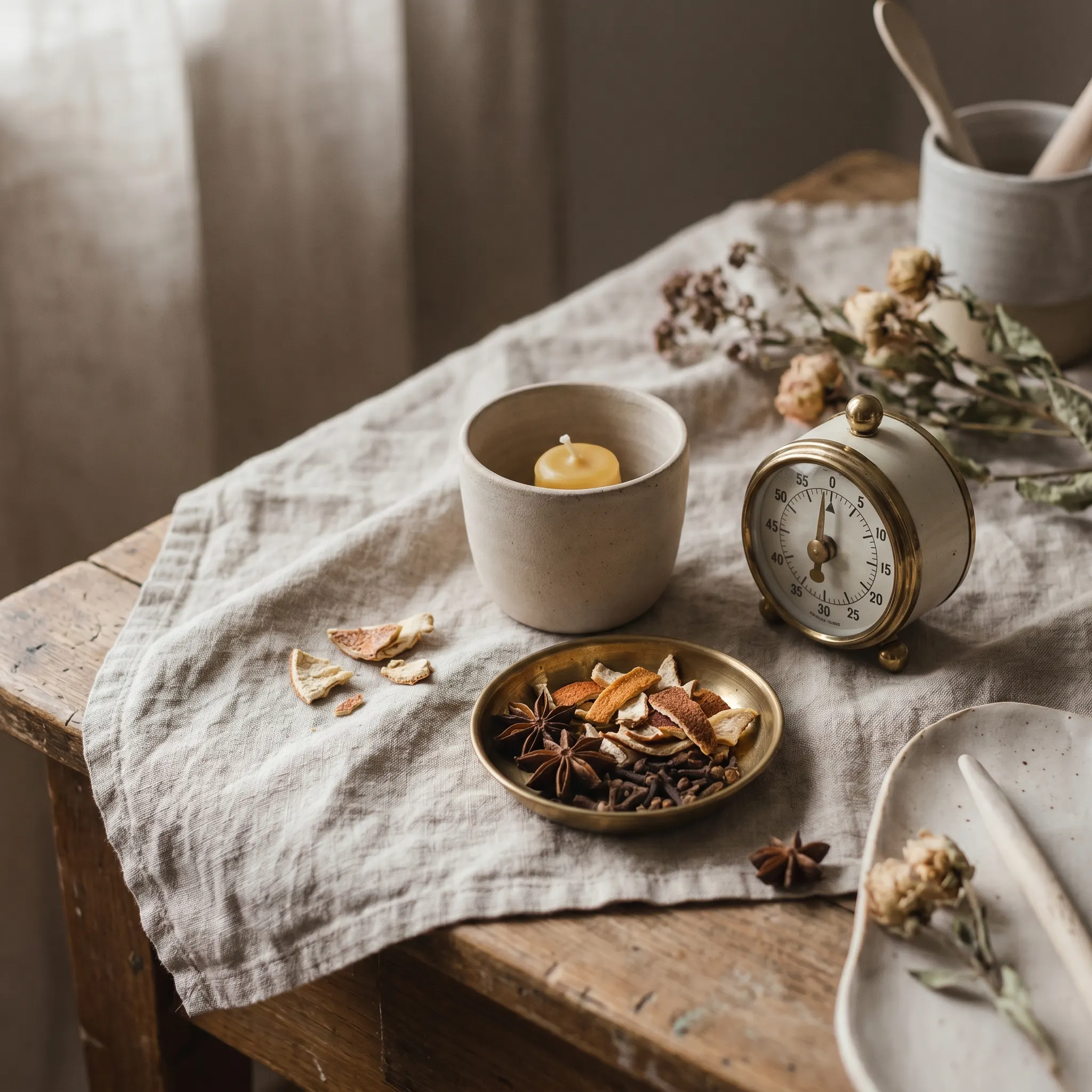 A quiet scent timing setup with citrus peel, ceramic cup, timer, and written cards