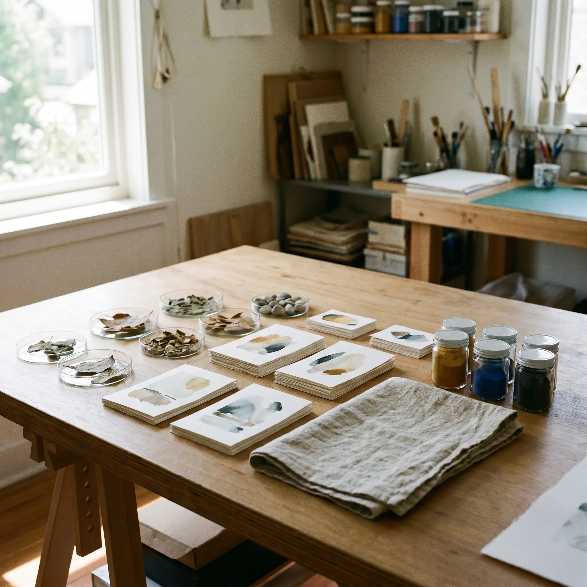 A quiet studio table prepared for Labuso observations with glass, paper, samples, and daylight